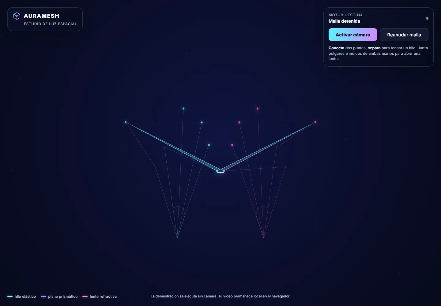 Demo real de AuraMesh: hilos luminosos y controles gestuales, sin activar la cámara