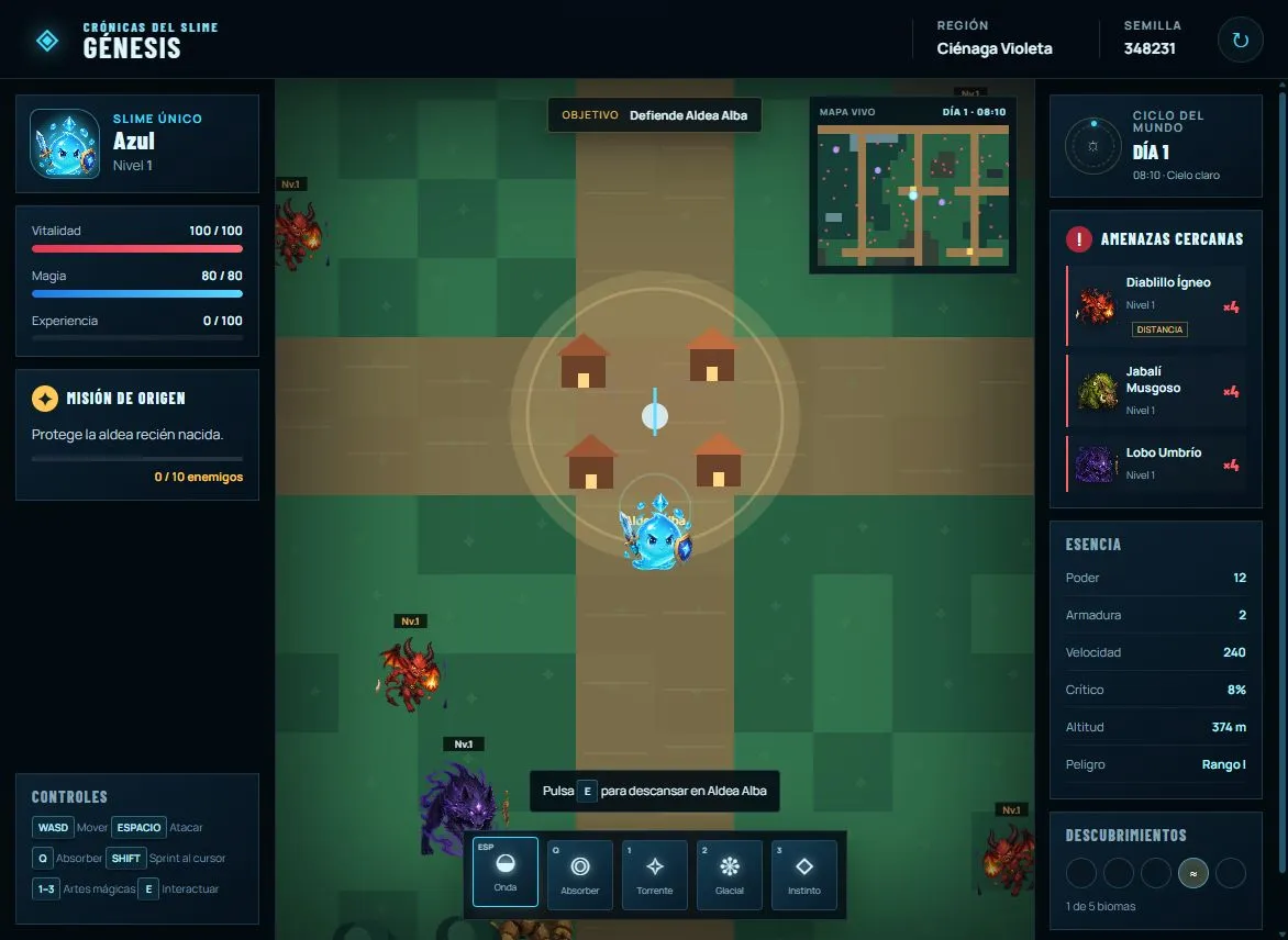 RPG Crónicas del Slime: personaje, aldea, misión, enemigos y mapa
