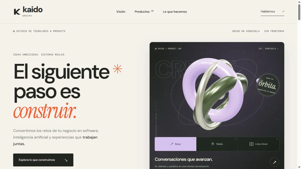 Página pública de Kaido Group con su laboratorio de productos