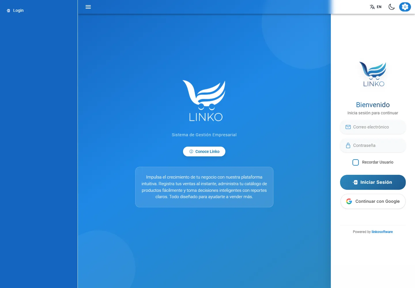 Pantalla pública de bienvenida y acceso a Linko, sin datos de clientes