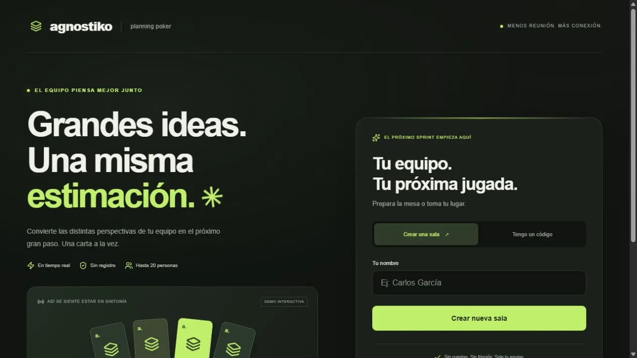 Pantalla pública de Planning Poker con creación o acceso a sala y cartas